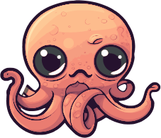 Cartoon octopus with large eyes and curled tentacles