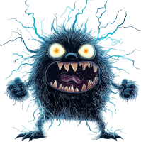 A blue, furry monster with glowing eyes and sharp teeth surrounded by electricity.