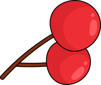Two red cherries attached by a brown stem