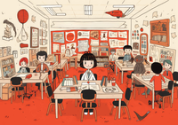 Cartoon illustration of a red-themed classroom with students at desks and educational posters on the walls.