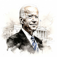 Watercolor portrait of Joe Biden with White House