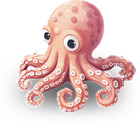 Cartoon pink octopus with large eyes and curled tentacles