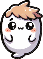 A white cartoon character with a smiling face and a light brown hairstyle