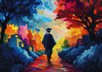 A person in a graduation cap and gown walking away on a path with colorful trees on either side.