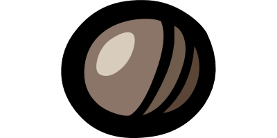 A stylized brown sphere with a beige center and black stripes