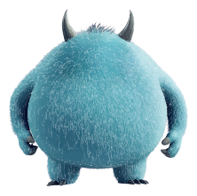 Back view of a blue, furry monster with horns