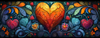 Stained glass artwork featuring a central heart surrounded by flowers and leaves