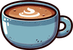 A blue coffee mug with a handle on the right side, filled with coffee and topped with a swirl of cream.