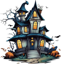 A cartoon haunted house with glowing windows and a dark atmosphere