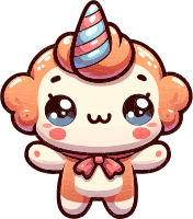 Cute cartoon unicorn character with orange and white fur, blue eyes, and a pink bow tie.