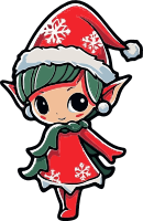 Cartoon elf in red dress and Santa hat with green hair