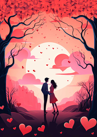 Illustration of a man and woman holding hands surrounded by hearts and trees under a full moon.