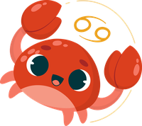 A cartoon crab with a smiling face and raised claws