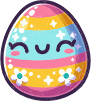 A cartoon Easter egg with a smiling face and floral decorations