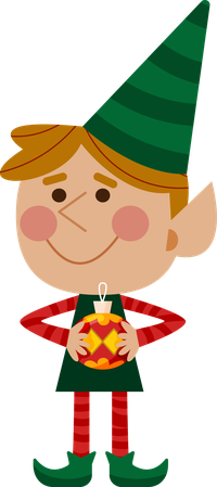 A smiling cartoon elf with a green hat and red striped sleeves holding a yellow and red Christmas ornament.