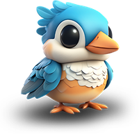 A cartoon blue bird with large eyes and orange beak