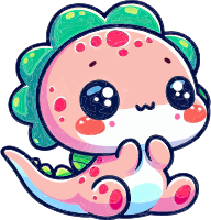 A cartoon dinosaur with pink body, green spikes, and large black eyes.