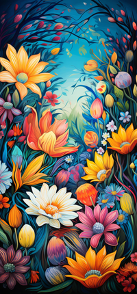 A stylized illustration of diverse flowers and leaves in shades of orange, yellow, pink, and white against a blue background.
