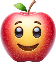 A red apple with a smiling face and a green leaf on top