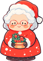 Cartoon illustration of Mrs. Claus in a red dress and hat, holding a holly plant.