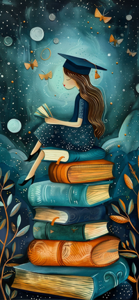 A young woman in a graduation cap sits on a stack of books, reading, surrounded by butterflies and a dreamy background.