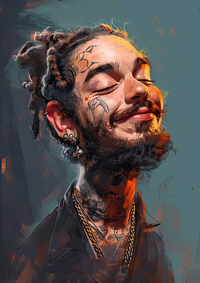 Portrait of a man with closed eyes, featuring tattoos on his face and neck, and wearing dreadlocks.