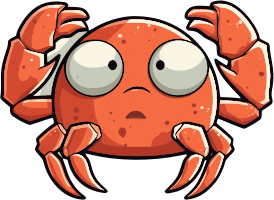 A cartoon crab with large eyes and a concerned face