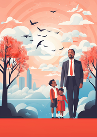 Illustration of a father in a suit and tie walking with his two children against a backdrop of a city skyline and nature.