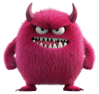 A cartoon pink monster with horns and sharp teeth