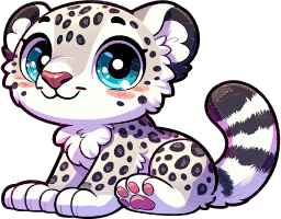 A cartoon leopard with blue eyes and a mix of leopard and tiger spots sitting playfully.