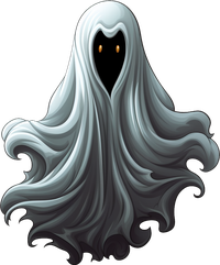 A ghostly figure with glowing eyes under a white sheet