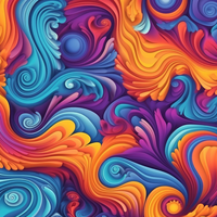 Vibrant abstract art with swirling patterns in blue, orange, and purple.