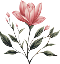 Pink flower with green leaves and buds