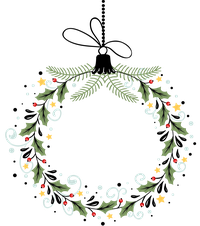 Pixel art Christmas wreath with greenery and ornaments on a black background