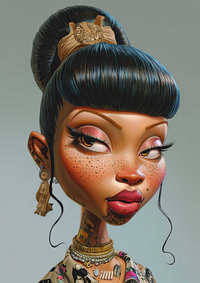 A cartoon woman with tattoos and jewelry