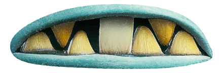 A monster's mouth with large, yellow, sharp teeth and blue lips.