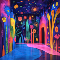 A surreal and colorful corridor with a winding path and fantastical elements.