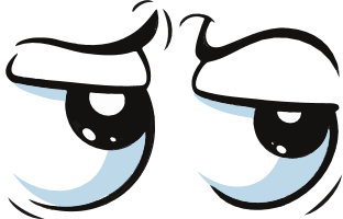 Cartoon eyes with white irises and black pupils on a black background.