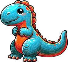 A blue cartoon dinosaur with orange spots and a big smile.