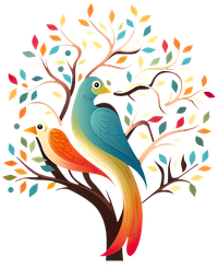 Two birds on a tree with colorful leaves