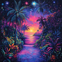 Digital artwork of a colorful tropical pathway to the ocean at sunset with stars