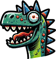 A colorful cartoon dinosaur with spikes and sharp teeth