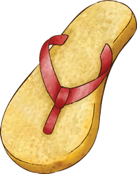 A yellow flip flop with red straps