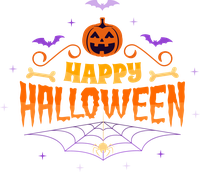 Halloween graphic with orange pumpkin and purple spider web