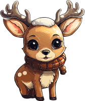 A cartoon deer wearing a brown scarf with large eyes and antlers