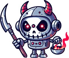 Cartoon robot reaper with scythe and fire