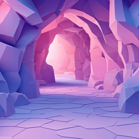 A low-poly 3D rendering of a cave entrance with a stone pathway and a bright light in the distance.