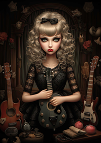 A cartoon girl with curly blonde hair and red lips holding a guitar