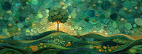 A tree in a field of green with a mosaic background