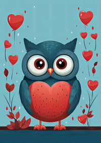 Cartoon owl with heart-shaped body surrounded by floating hearts